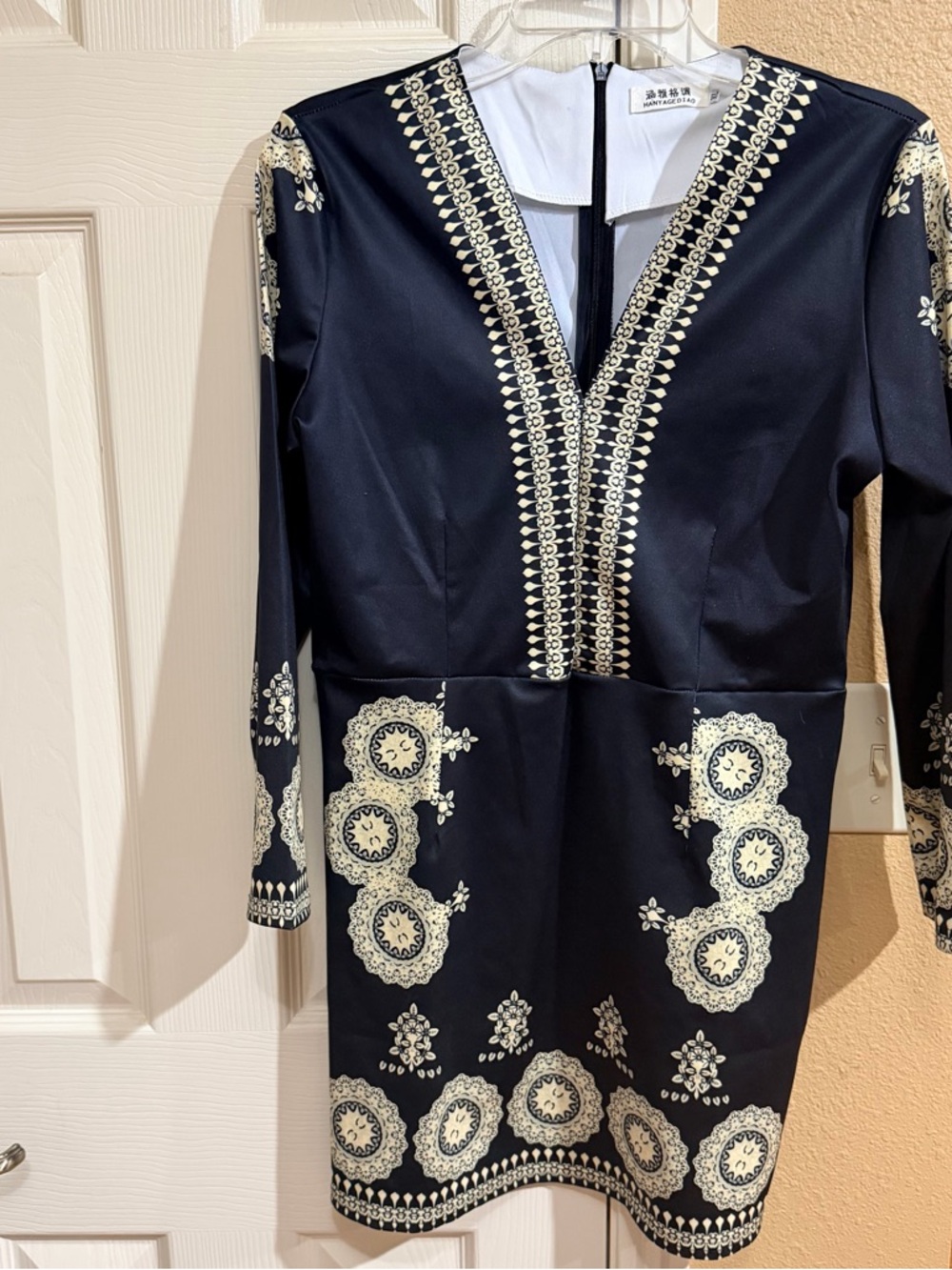 New Navy V-Neck Dress with printed Cream Motifs